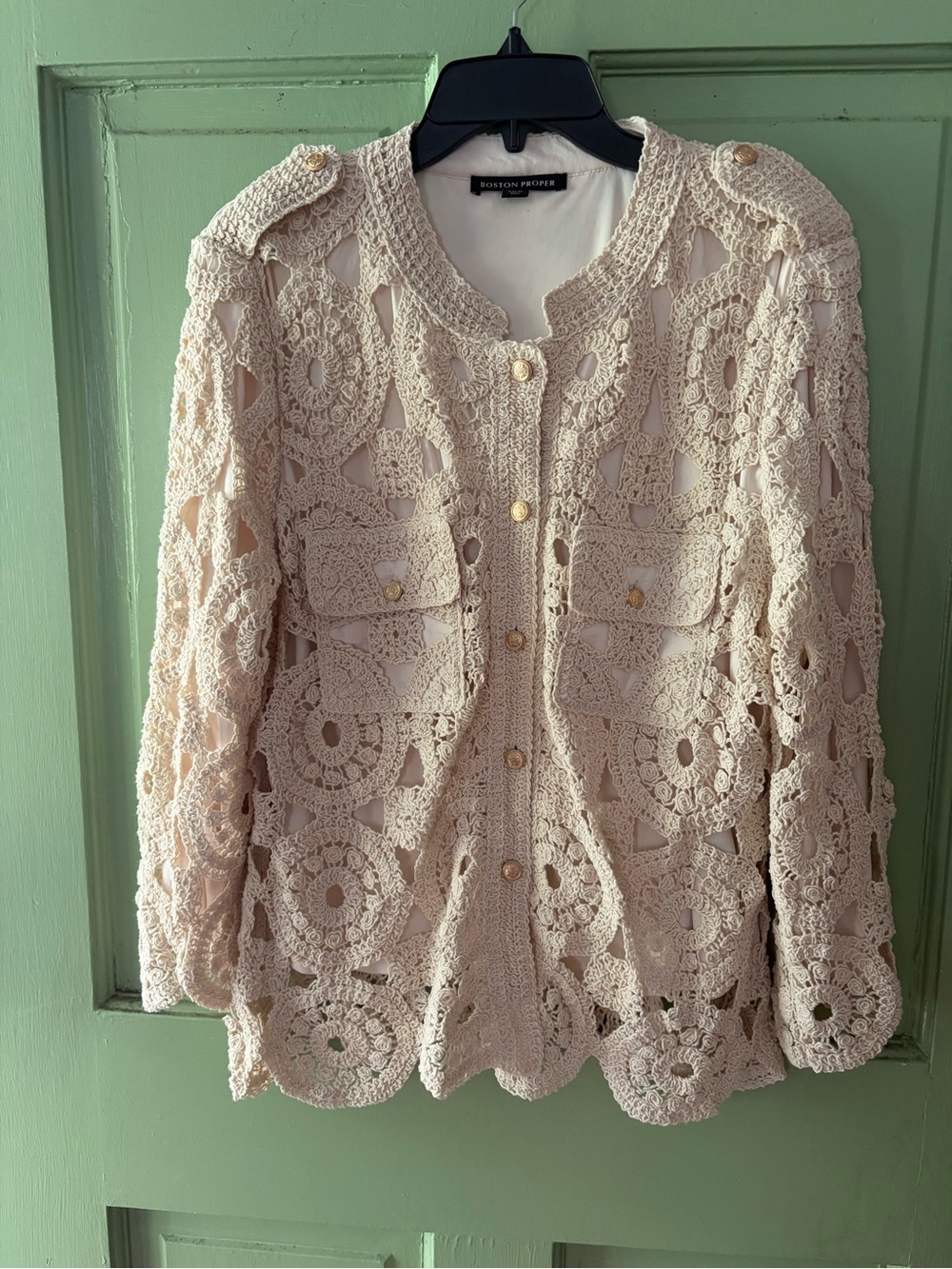 Boston Proper Crochet Knit Cardigan jacket lined pockets